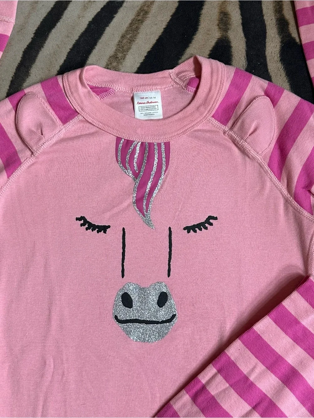 HANNA ANDERSON Girl Organic Cotton Pink Striped Unicorn Pajama Set🌸